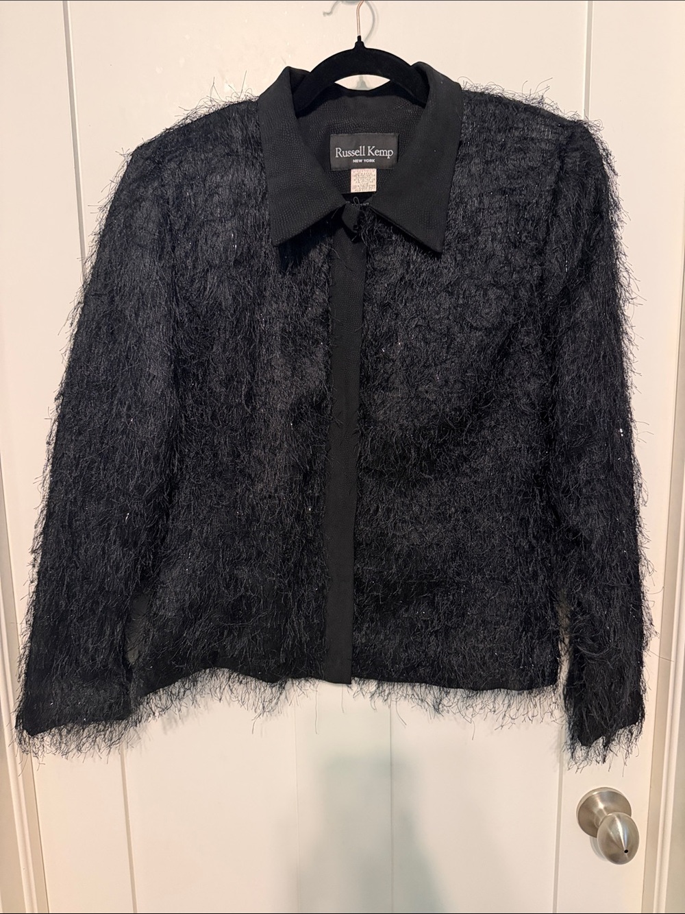 Russell Kemp Vintage 90s Black Eyelash Fringe Fuzzy Zip-Front Evening Jacket